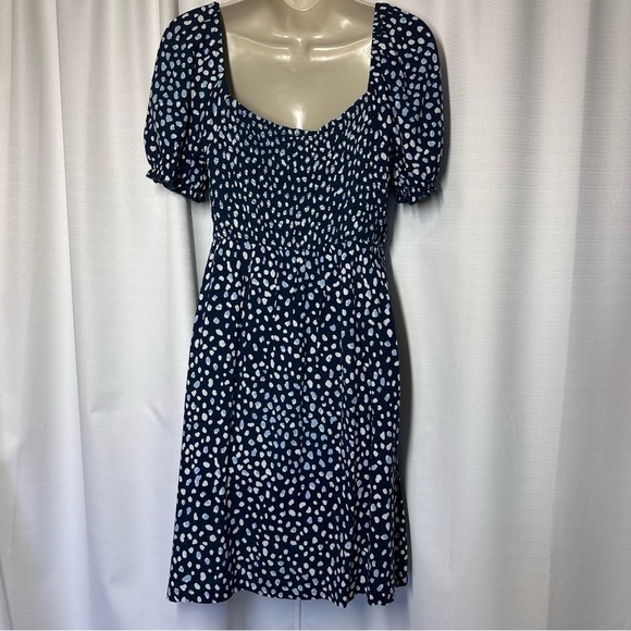 New ROXY Hello Petal Blue Indigo Smocked Mini Dress Sz M Ditsy Dot Peasant NWOT - Picture 3 of 8
